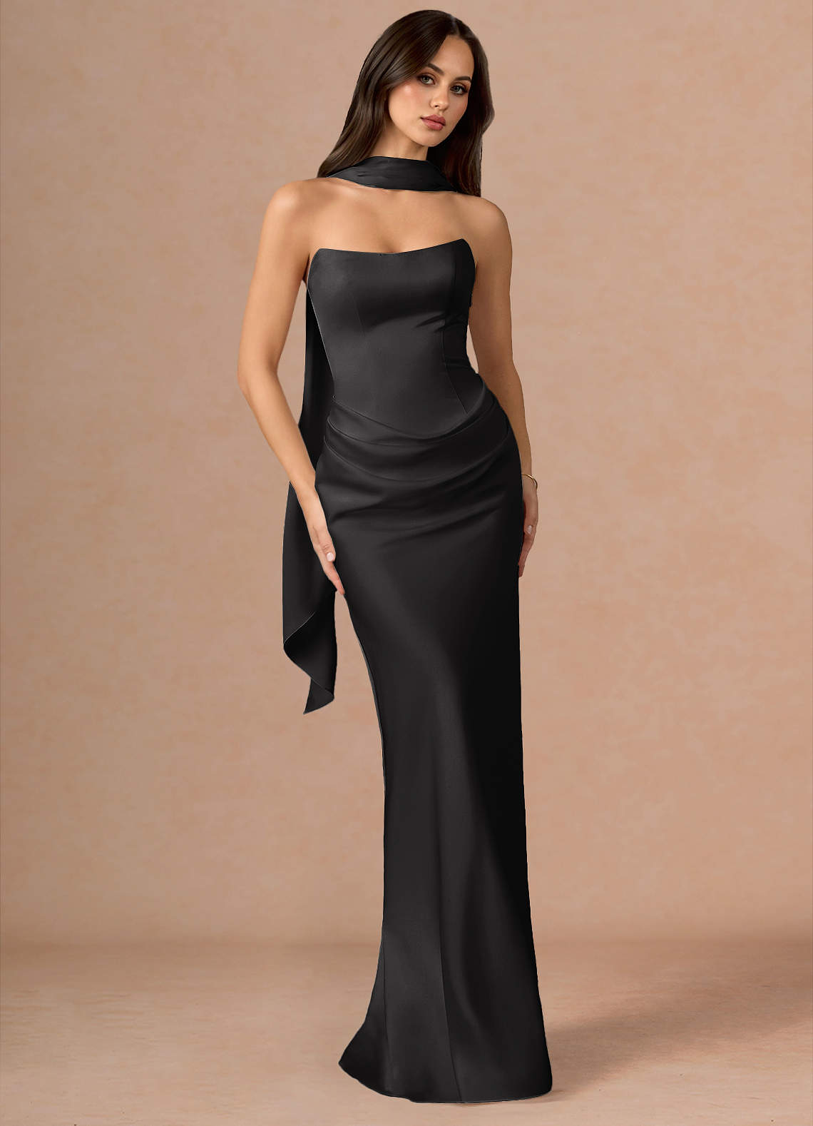 Valencia Scarf Lace-Up Stretch Satin Evening Dress in Dusty Blue