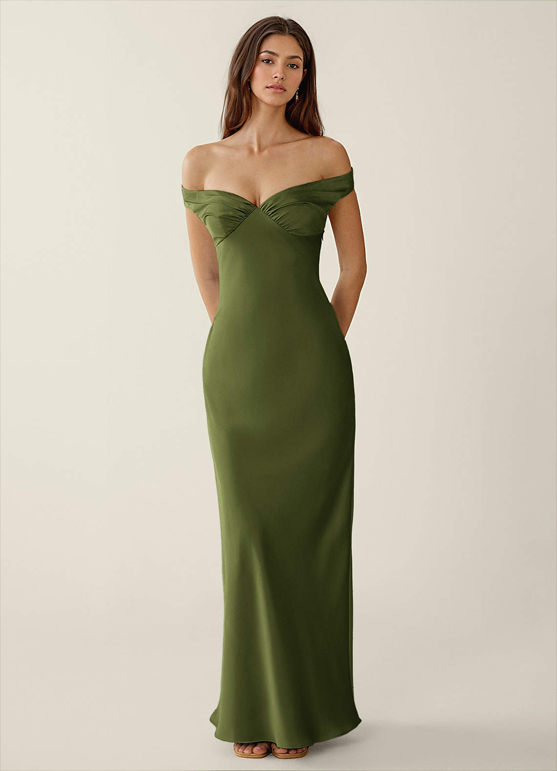 Gwendonme Sheath Off-the-Shoulder Satin Crystal Linen Evening Dress in Olive