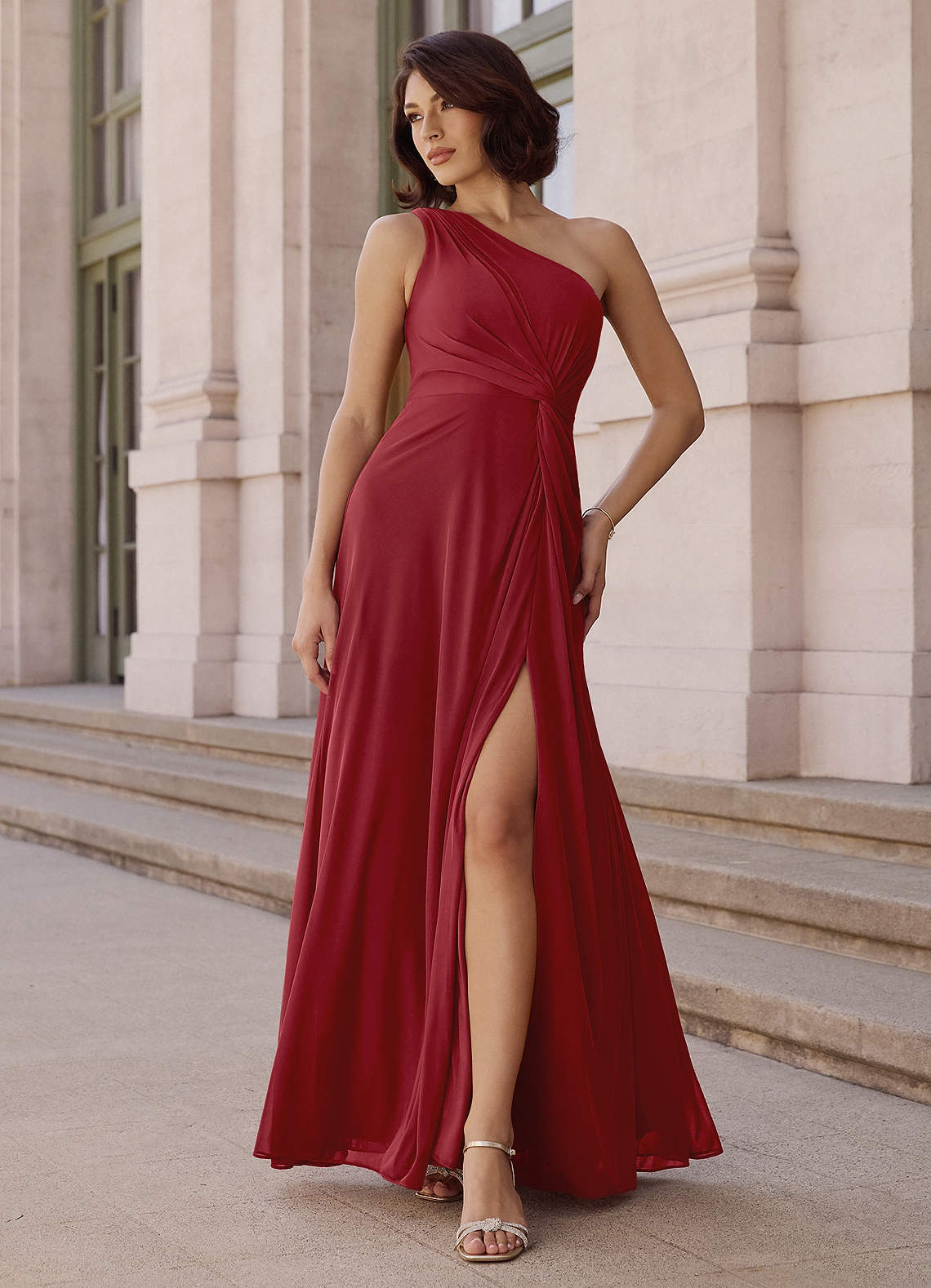 Brooke A-Line One-Shoulder Chiffon Bridesmaid Dress in Pomegranate