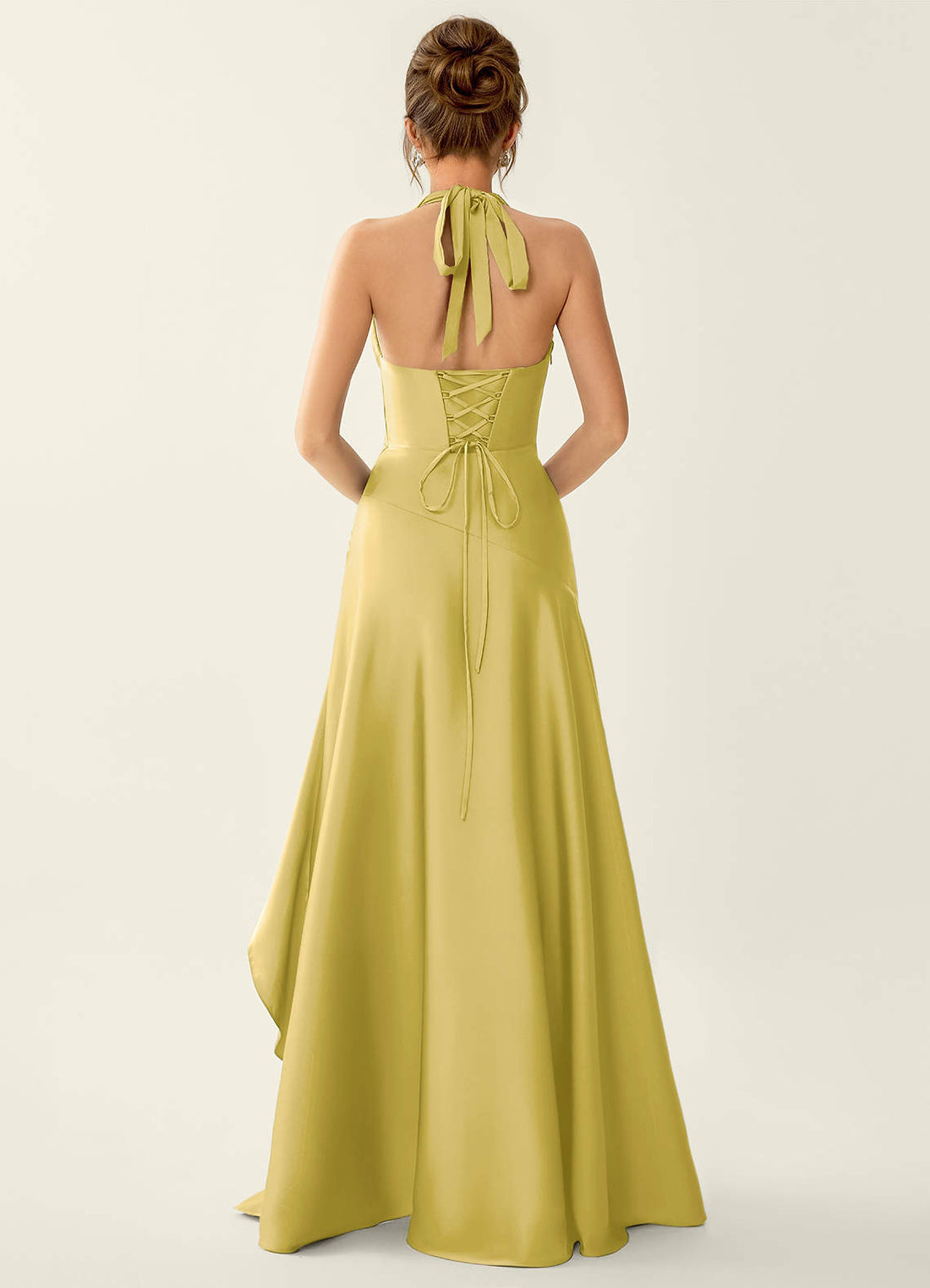Titania Halter Asymmetric-Ruffle Satin Evening Dress in Pastel Yellow