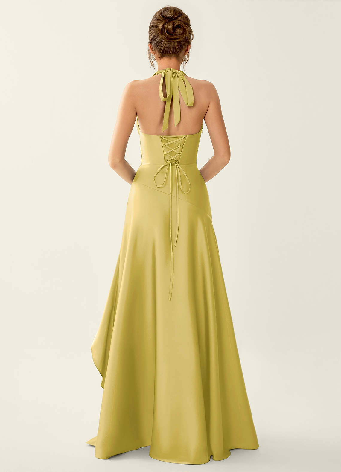 Titania Halter Asymmetric-Ruffle Satin Evening Dress in Pastel Yellow