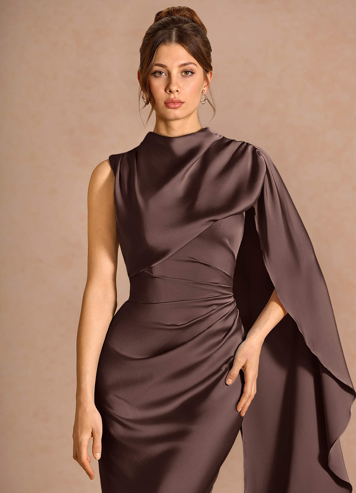 Chesney Cape-Sleeve Pleated Stretch Satin Wedding Guest Dress in Truffle