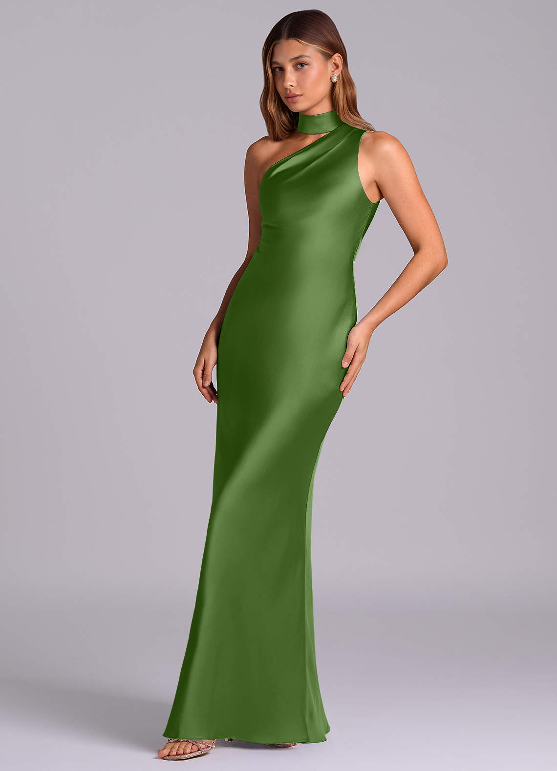Seona Mermaid One-Shoulder Stretch Satin and Tulle Bridesmaid Dress in Basil