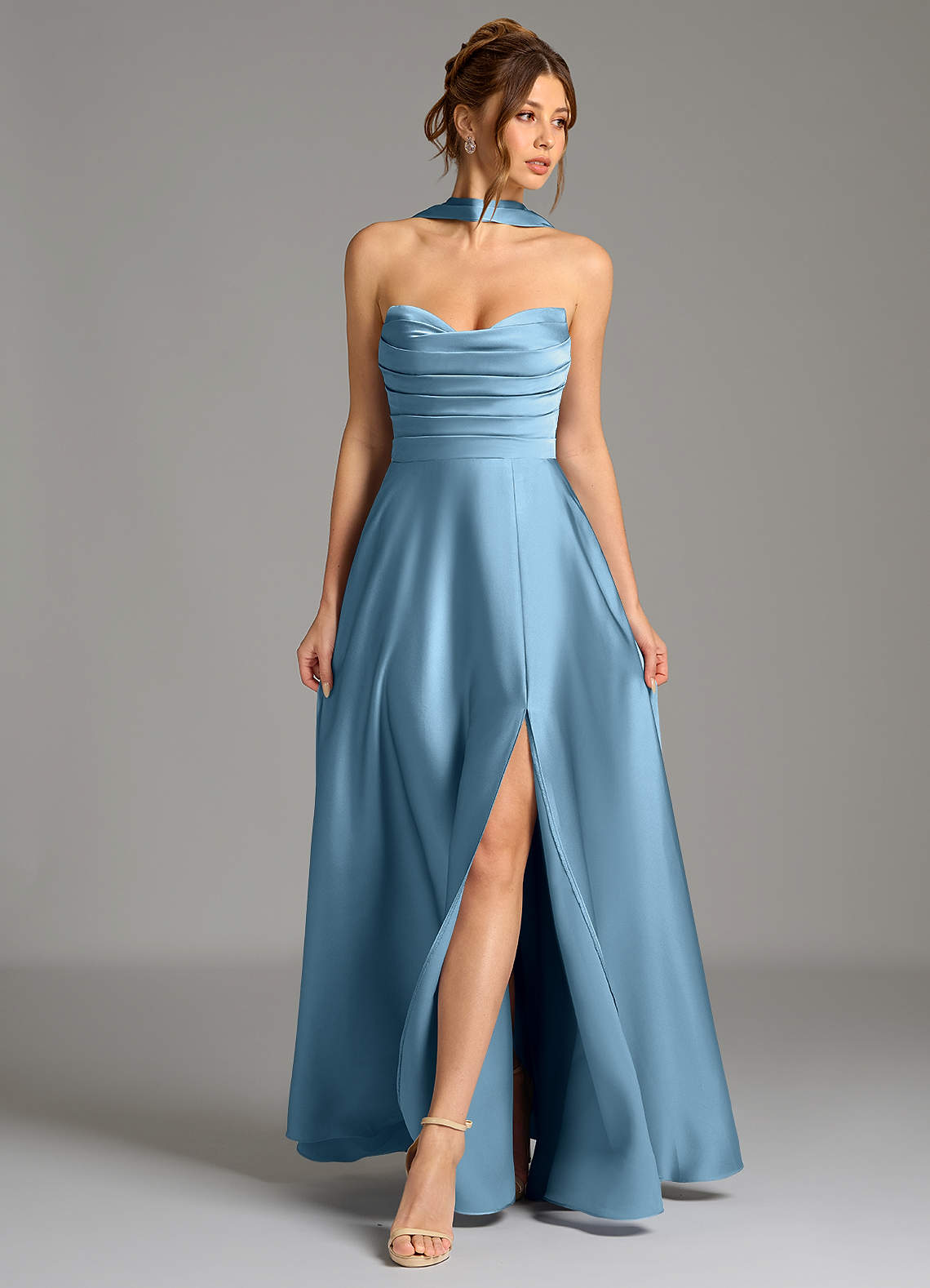 Ayla A-Line Sweetheart Stretch Satin Bridesmaid Dress in Steel Blue