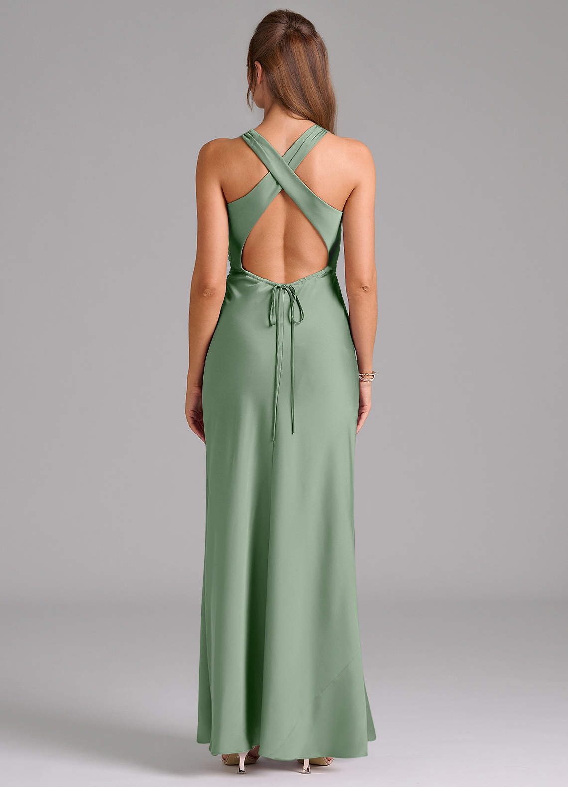 Evadne Sheath Scoop-Neck Stretch Satin Bridesmaid Dress in Matcha