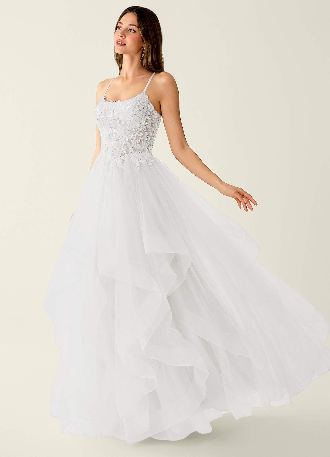 Mosaic A-Line V-Neck Tulle Evening Dress in white