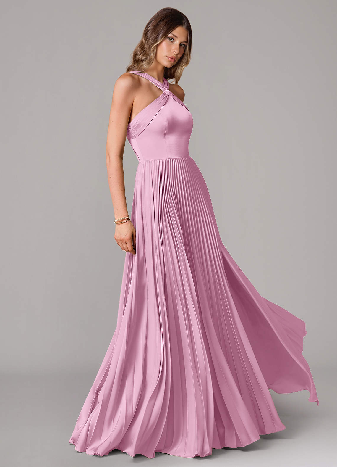 Afra A-Line Halter-Neck Stretch Satin Bridesmaid Dress in candy pink