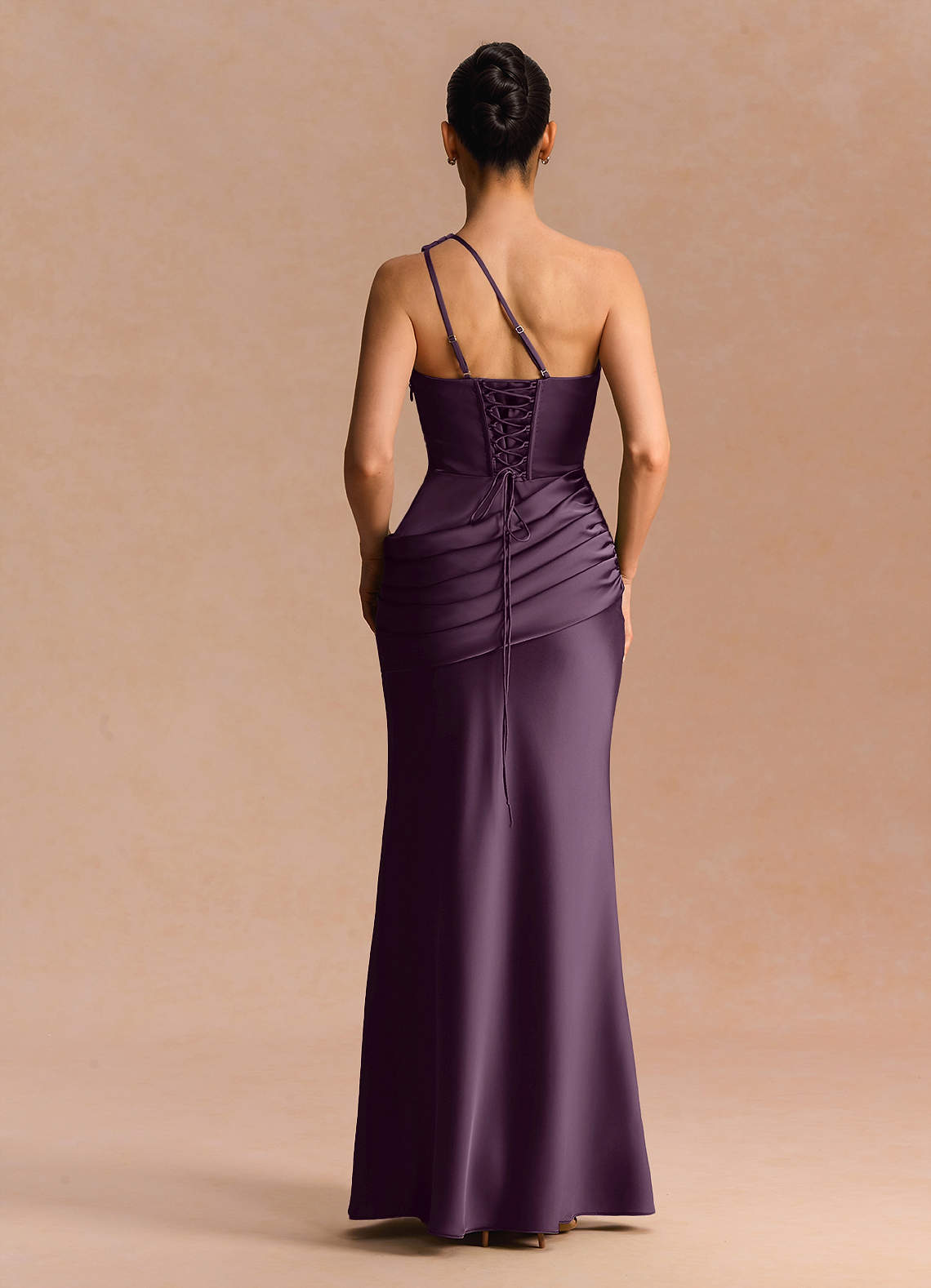 Guinevere One-Shoulder Cutout Stretch Satin Evening Dress in Dark Purple