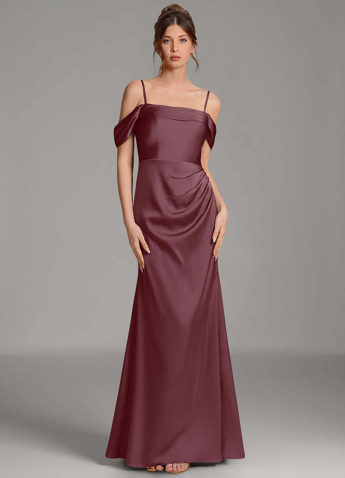 Wyatt Mermaid Off-the-Shoulder Stretch Satin Bridesmaid Dress in Sangria