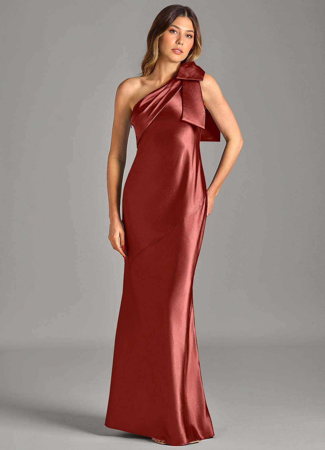 Yuanna Mermaid One-Shoulder Metallic Satin Bridesmaid Dress in Terracotta