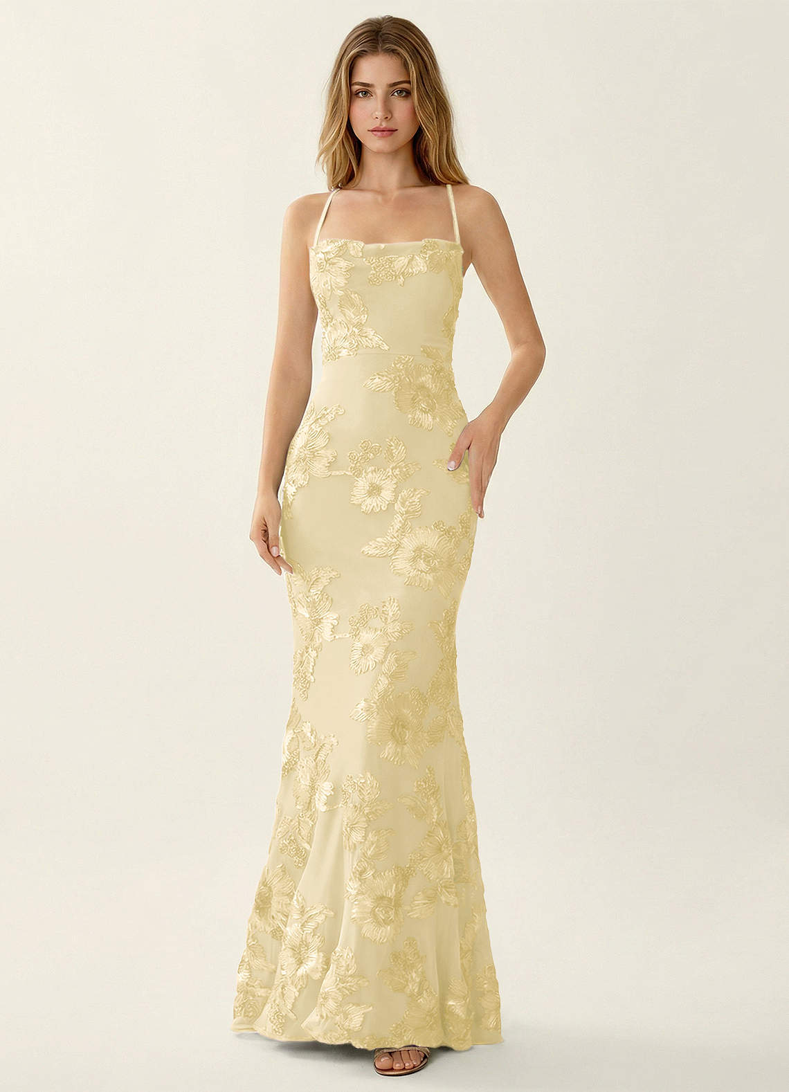 Kailani Mermaid Spaghetti-Strap Lace Evening Dress in Pale Purple