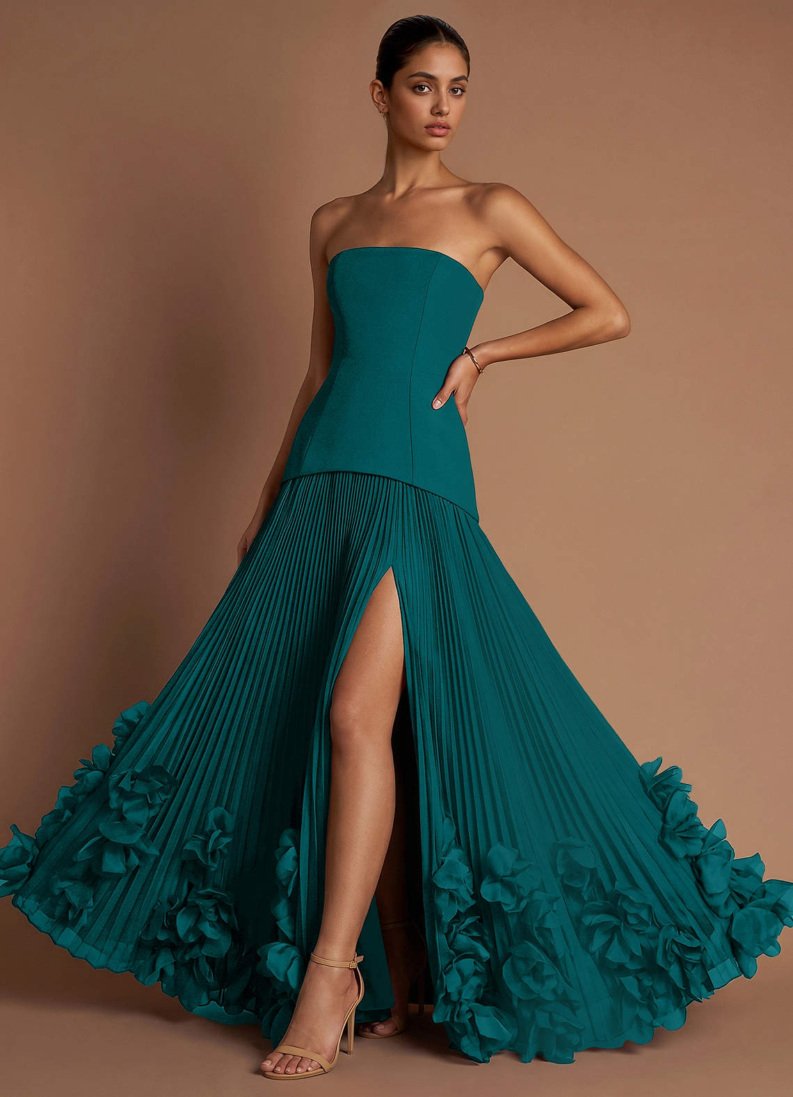 Marnie A-Line Corset Crepe Chiffon Evening Dress in Peacock