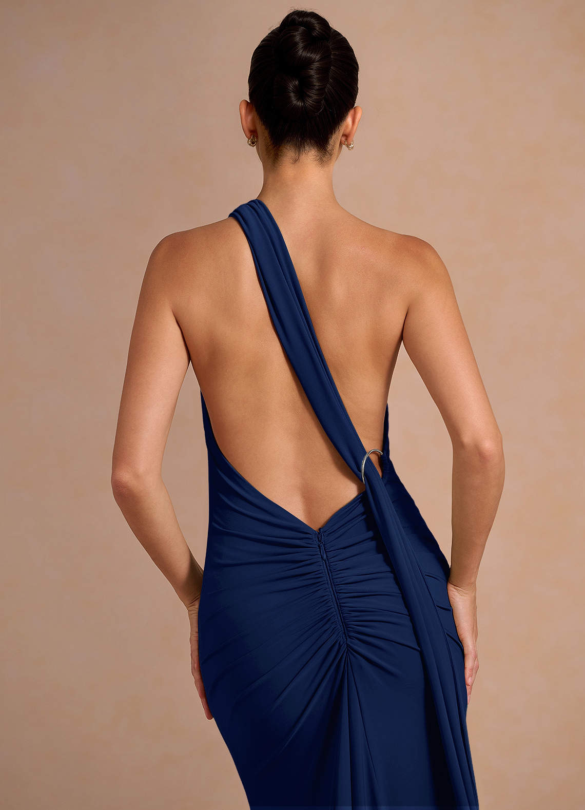 Miliani Sheath Neck-Tie Stretch Knit Evening Dress in Navy