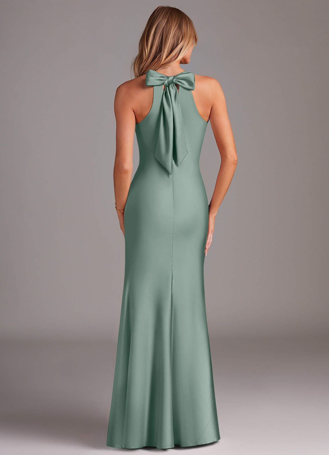 Doretta Mermaid Halter Stretch Satin Bridesmaid Dress in Silver Sage