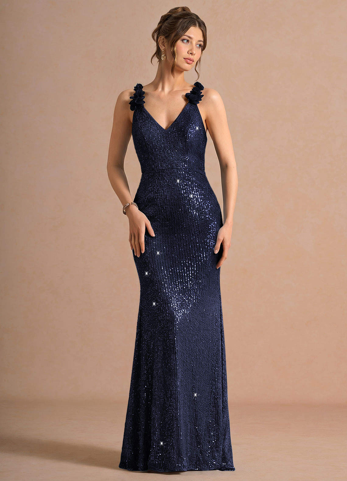 Selara Open-Back Floral Sequin Chiffon Evening Dress in Twilight Blue