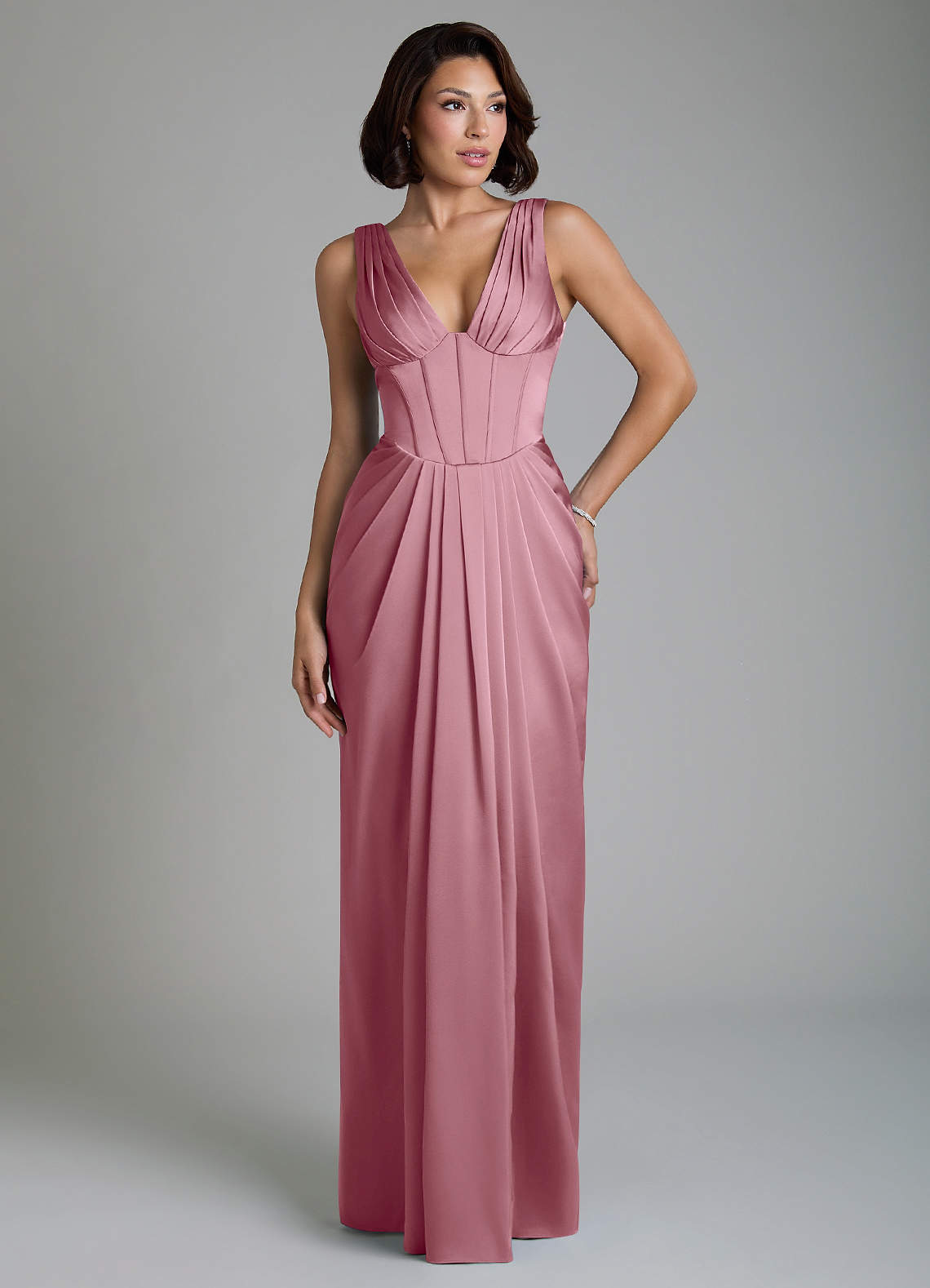 Vanya Sheath V-Neck Stretch Satin Bridesmaid Dress in Vintage Mauve