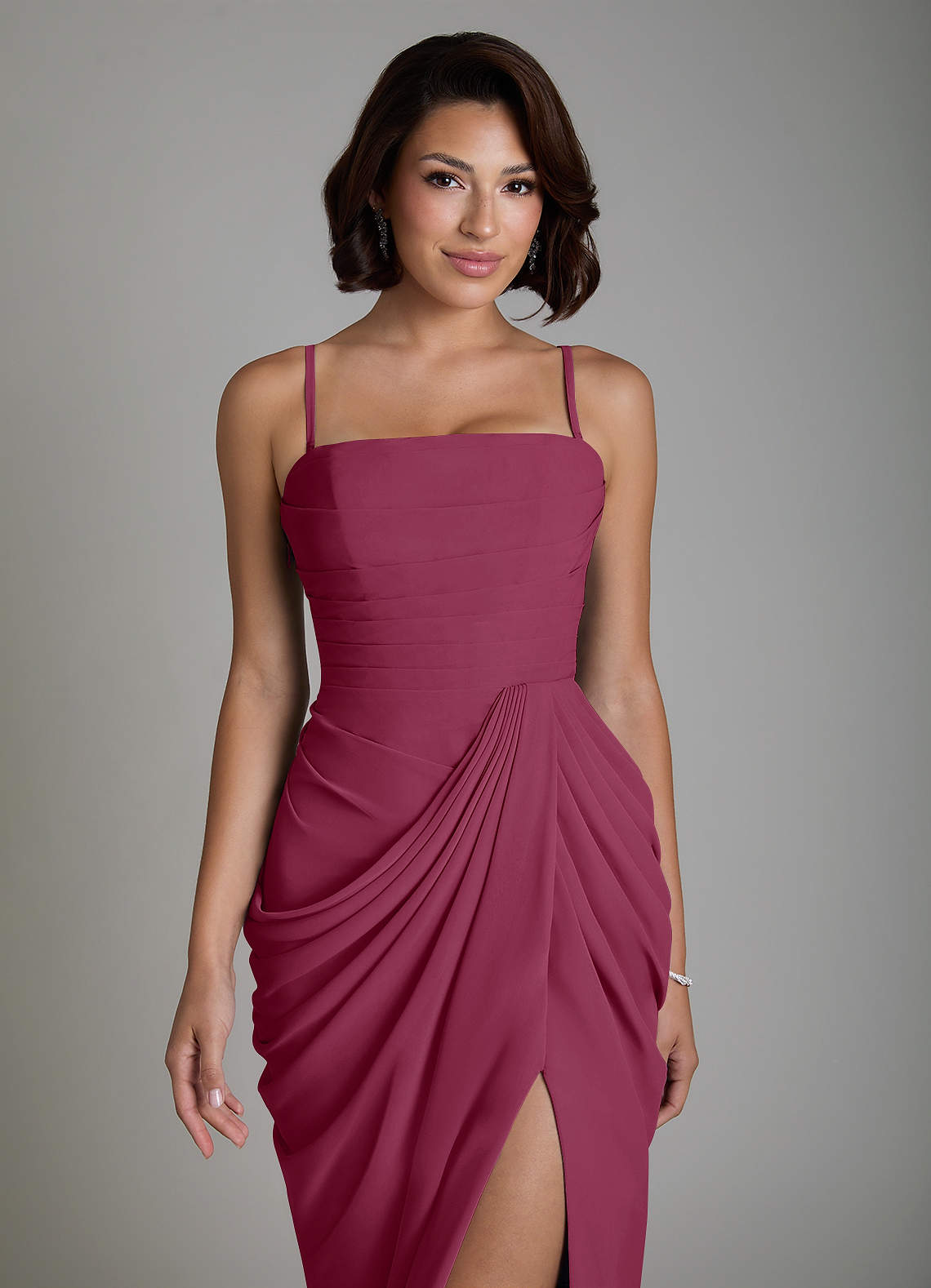 Nyra Sheath Strapless Chiffon Bridesmaid Dress in Mulberry