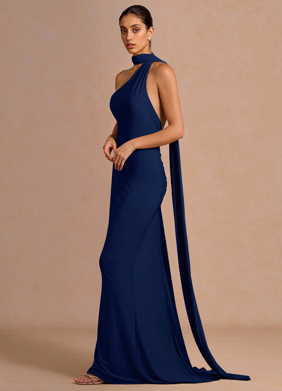 Miliani Sheath Neck-Tie Stretch Knit Evening Dress in Navy