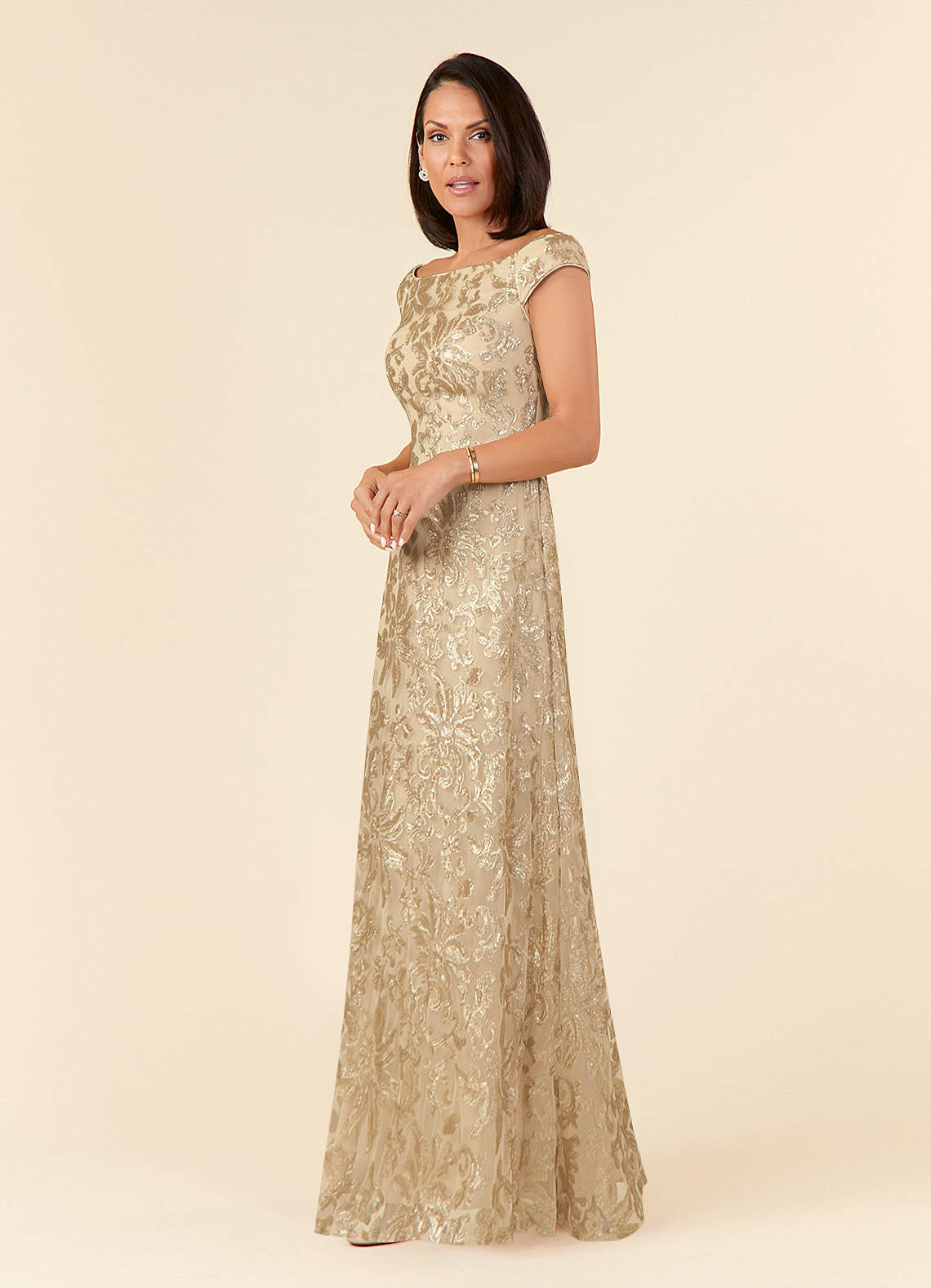 Porcelain A-Line Off-the-Shoulder Lace Mother of the Bride Dress in champagne
