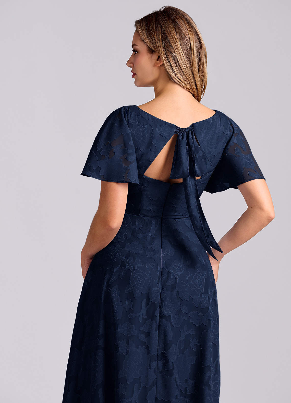 Kimber A-Line V-Neck Floral Burnout Bridesmaid Dress in Dark Navy