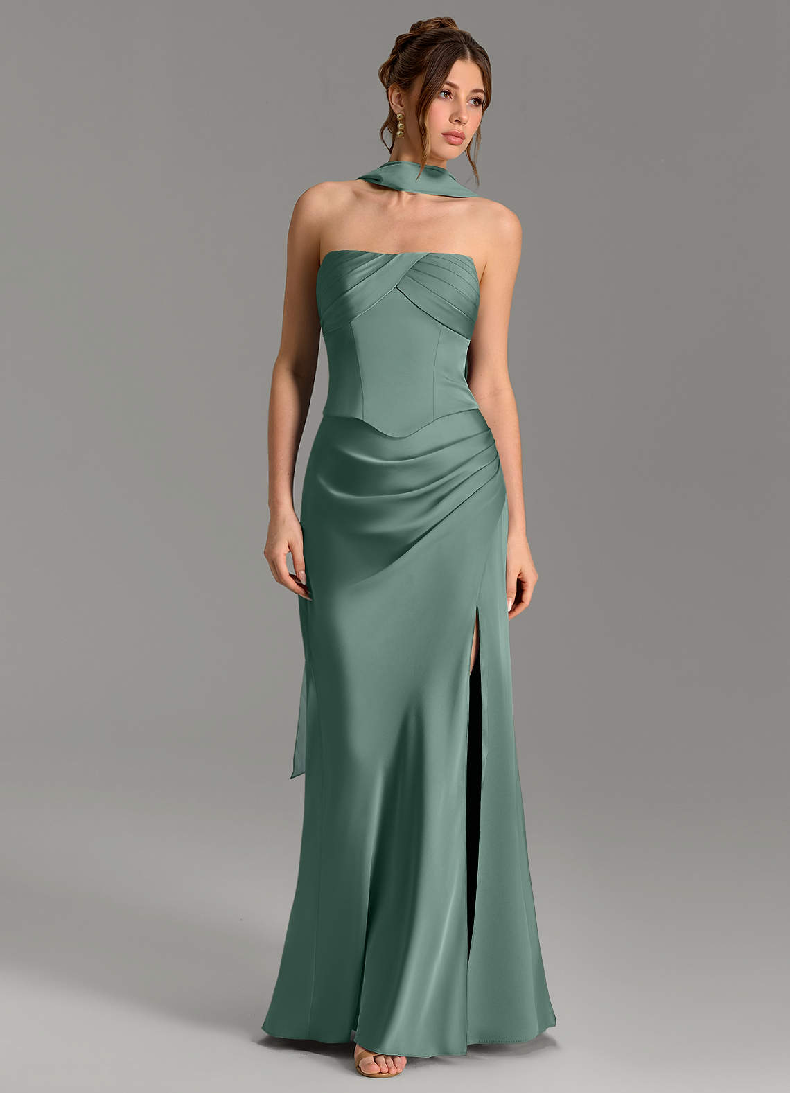 Nicki Sheath Scoop-Neck Stretch Satin Bridesmaid Dress in Eucalyptus
