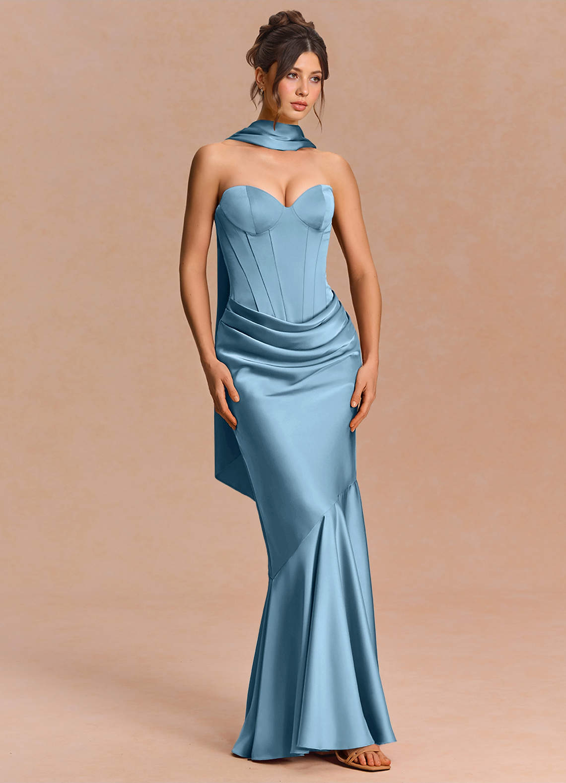 Euphemia Mermaid Strapless Stretch Satin Evening Dress in Steel Blue