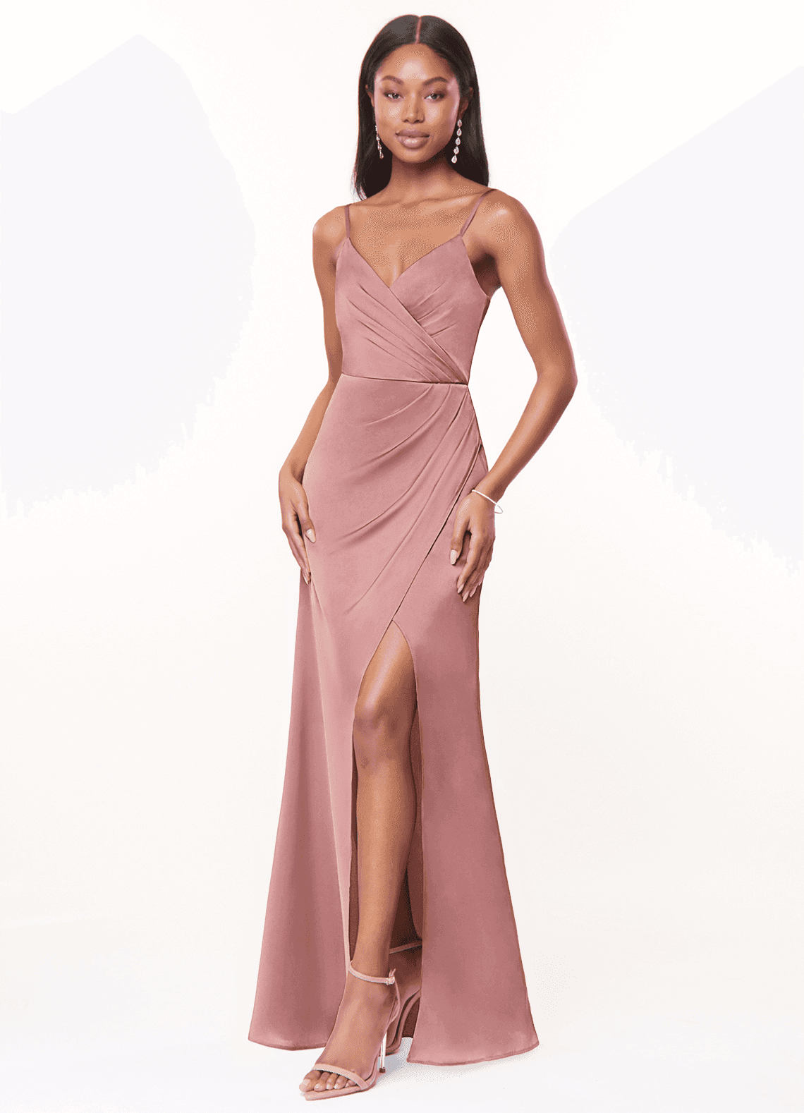 Maci A-Line V-Neck Stretch Satin Bridesmaid Dress in dusty rose