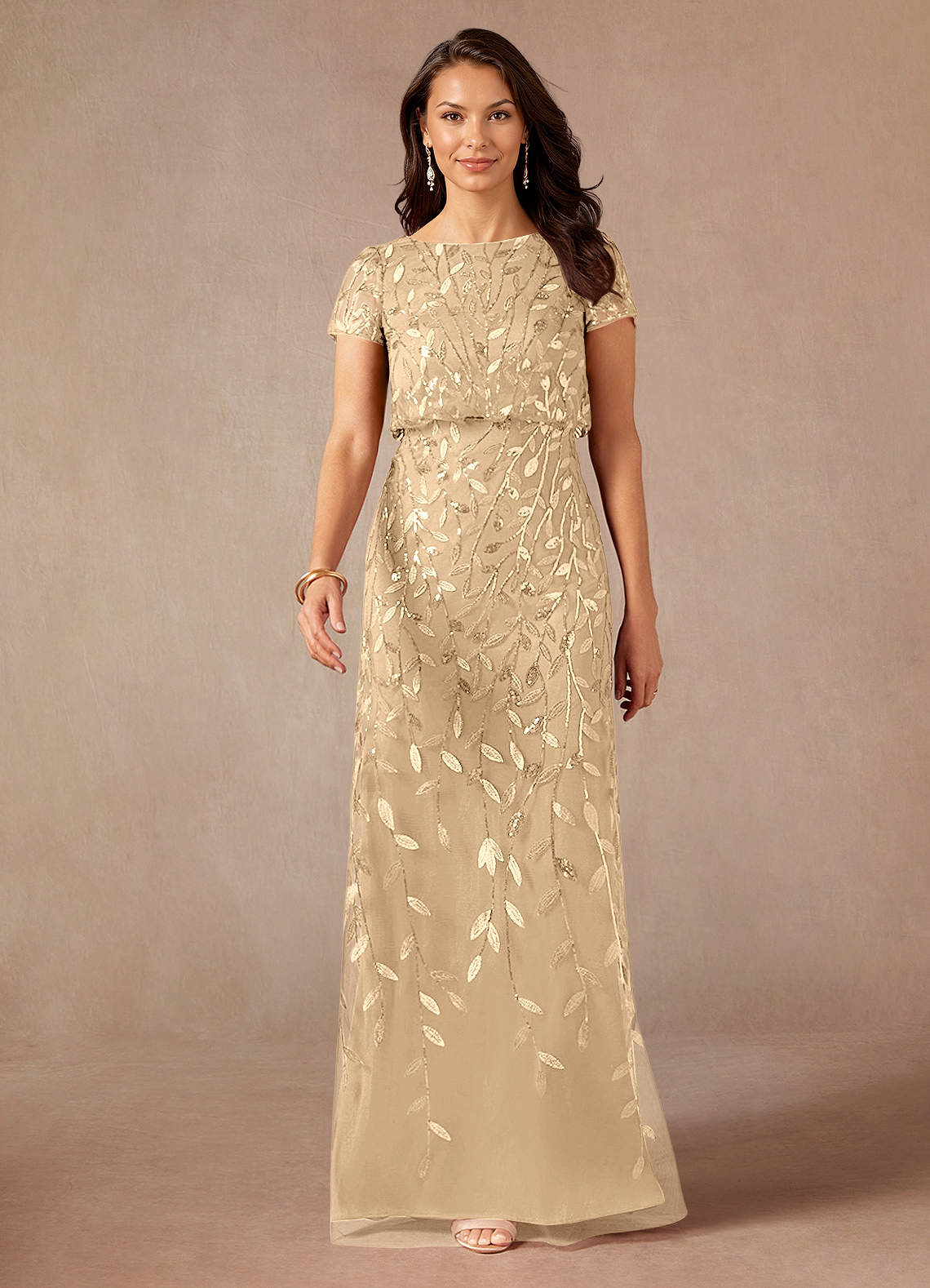Lehi A-Line Boat-Neck Sequined Tulle Mother of the Bride Dress in champagne