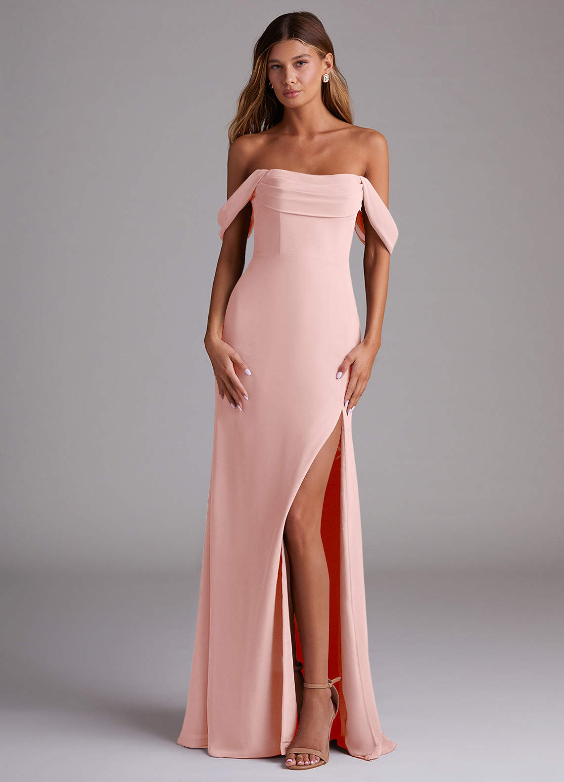 Saige A-Line Off-the-Shoulder Chiffon Bridesmaid Dress in Powder Pink