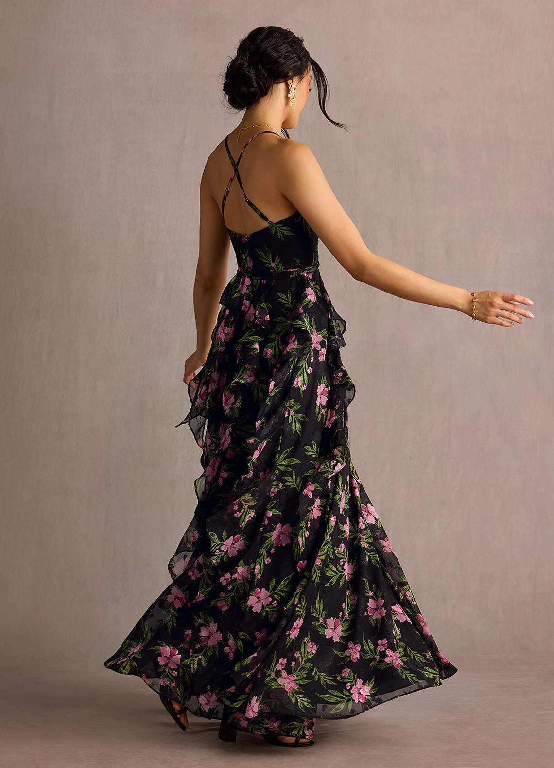 Megan A-Line V-Neck Printed Fil Coupé Wedding Guest Dress in Black Multi Floral