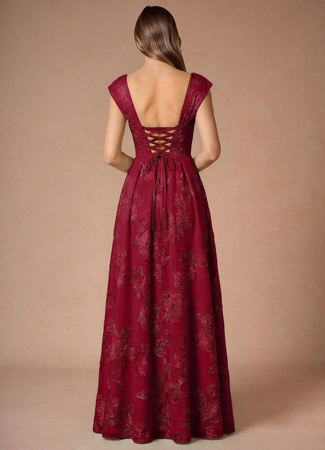 Hazel A-Line Cowl-Neck Floral Mesh Wedding Guest Dress in Burgundy