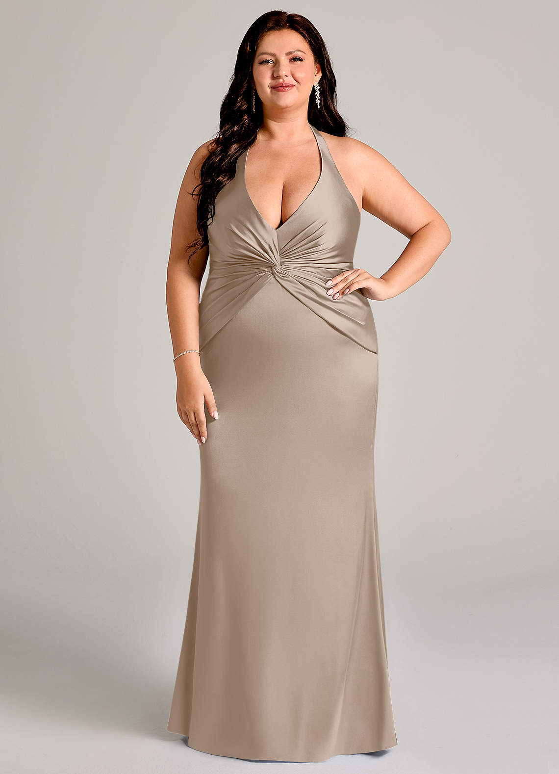 Valerie Mermaid V-Neck Stretch Satin Bridesmaid Dress in Taupe