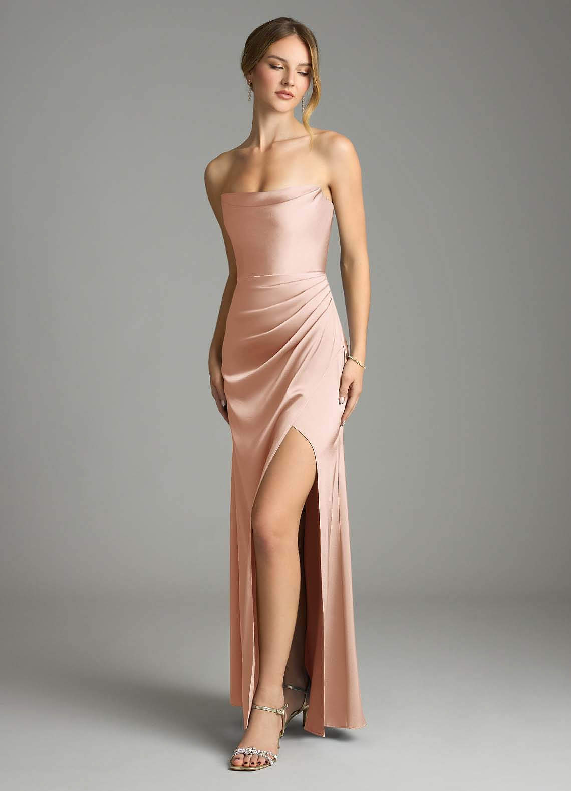 Leonis Mermaid Cowl-Neck Stretch Satin Bridesmaid Dress in rose gold