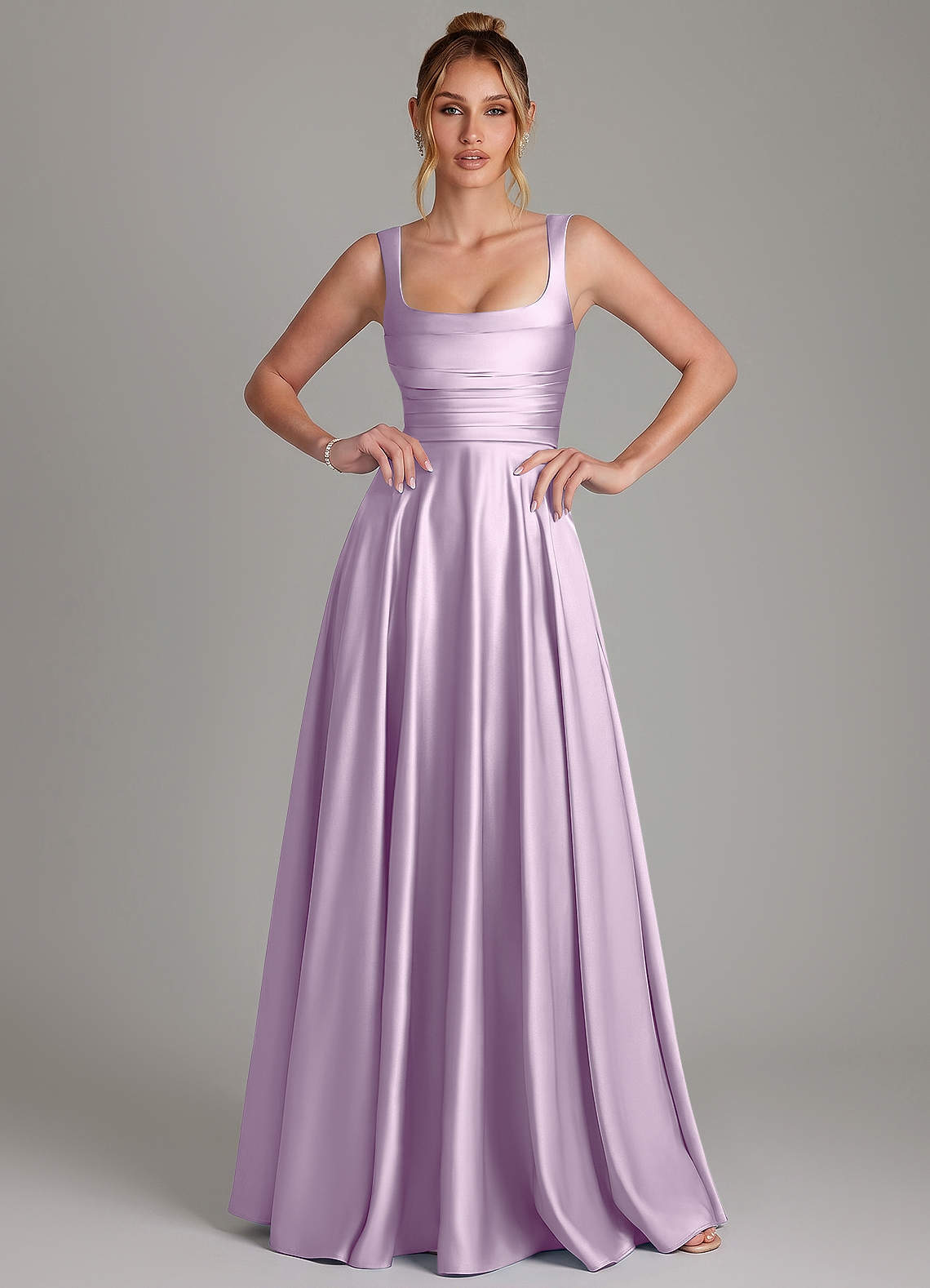 Azaria A-Line Square-Neck Stretch Satin Bridesmaid Dress in Frosted Lilac