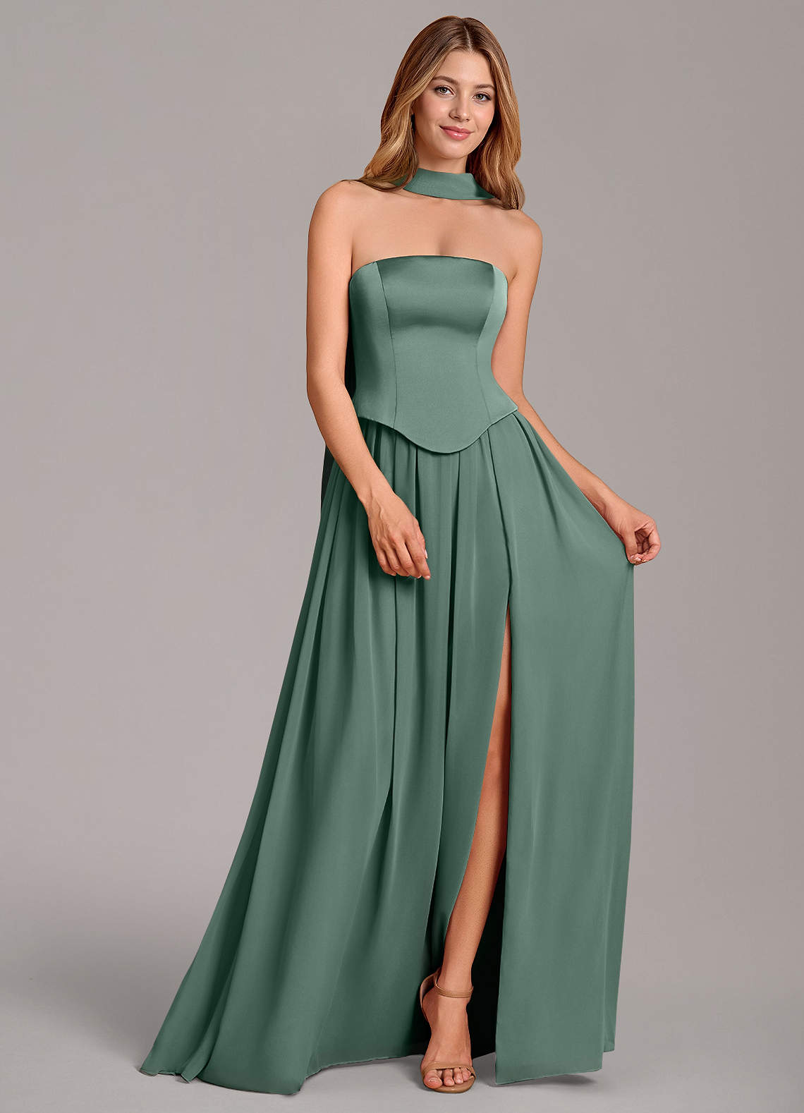 Cadence A-Line Strapless Chiffon and Stretch Satin Bridesmaid Dress in Eucalyptus