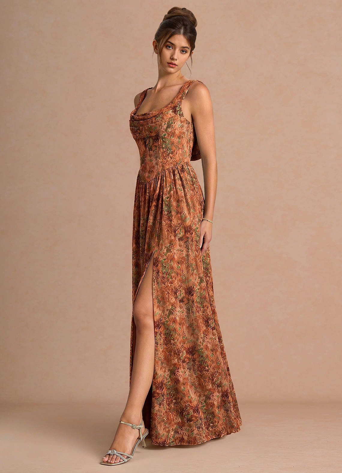 Aurore A-Line Cowl-Neck Chiffon Wedding Guest Dress in Orange Floral