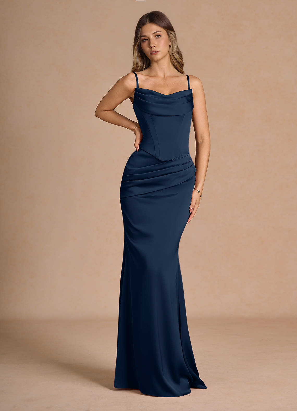 Sorrel Mermaid Corset Stretch Satin Evening Set in Navy