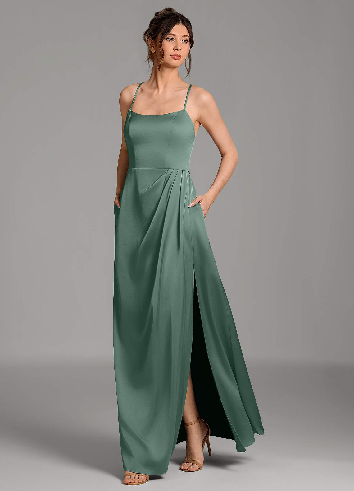 Frankie A-Line Scoop-Neck Stretch Satin Bridesmaid Dress in Eucalyptus