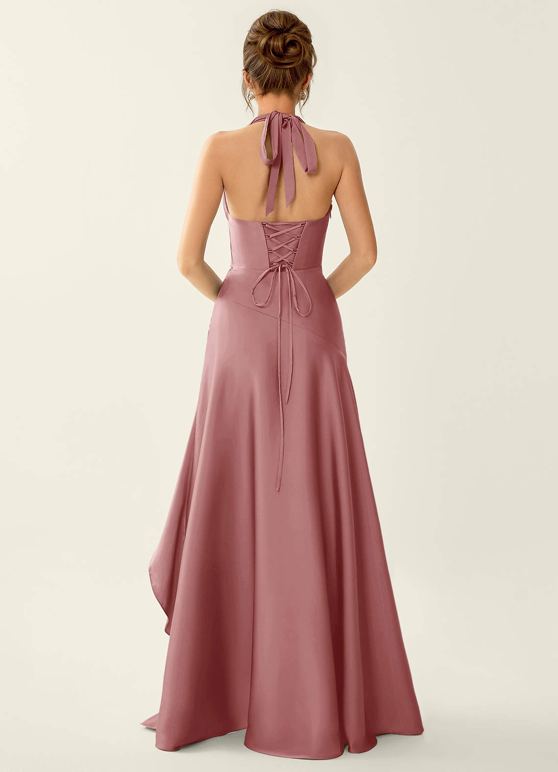 Titania Halter Asymmetric-Ruffle Satin Evening Dress in Dusty Pink