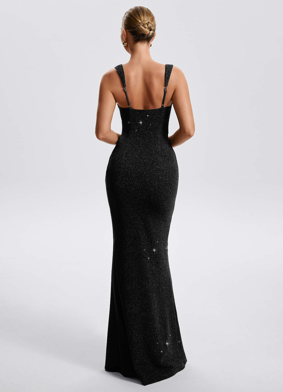 Eira Sheath Square-Neck Metallic Knit Evening Dress in Black