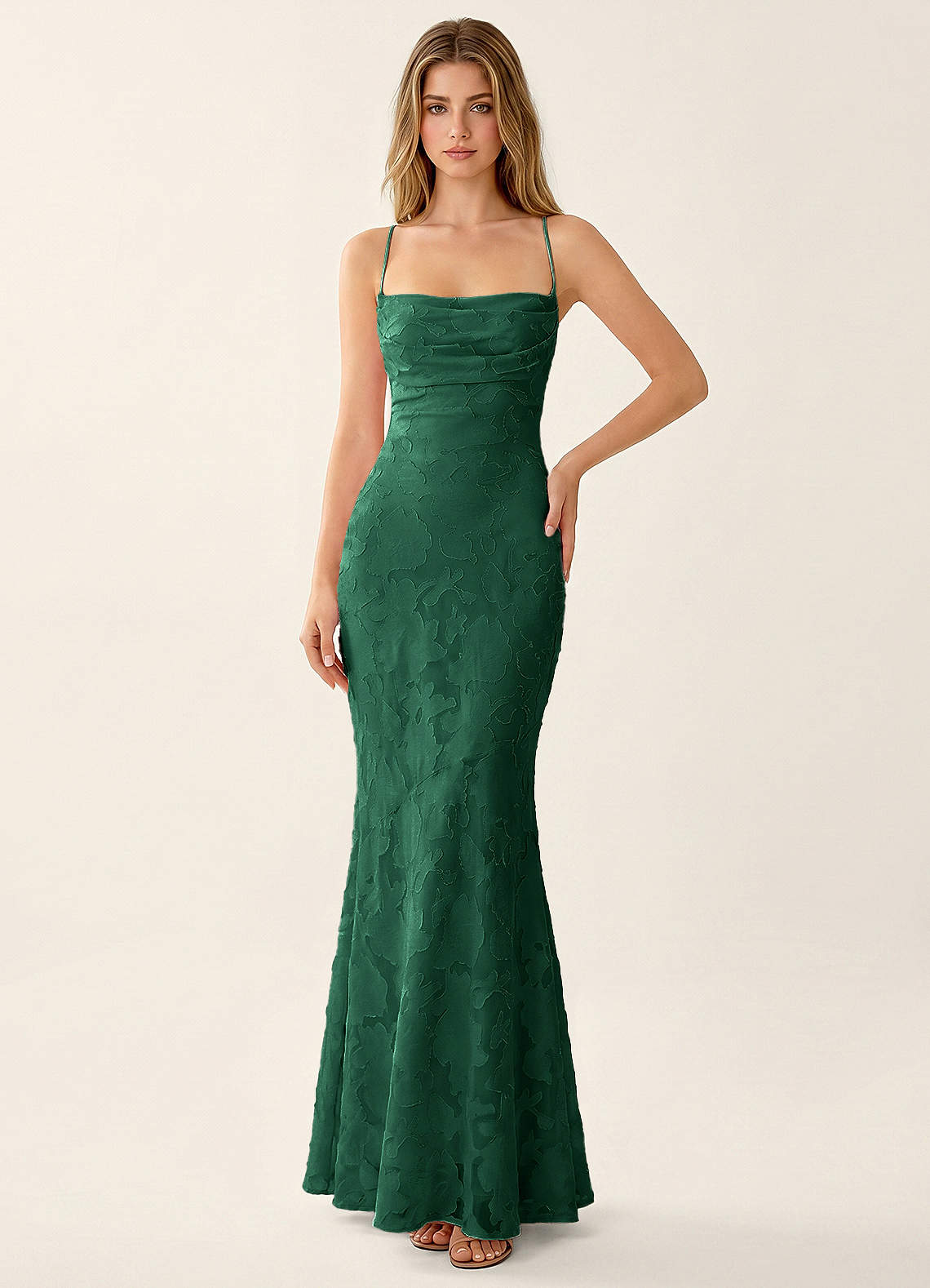 Natasha Mermaid Spaghetti-Strap Floral Burnout Evening Dress in Emerald Green