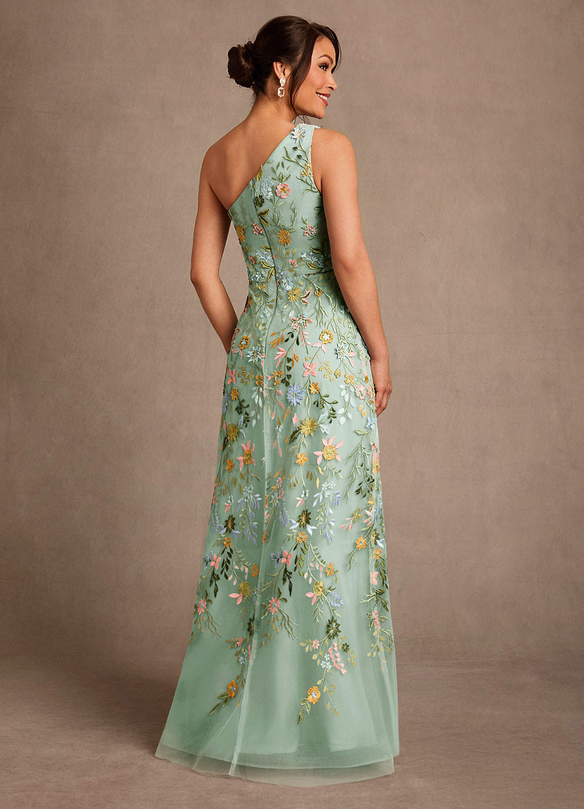 Bertie A-Line One-Shoulder Lace Mother of the Bride Dress in Agave