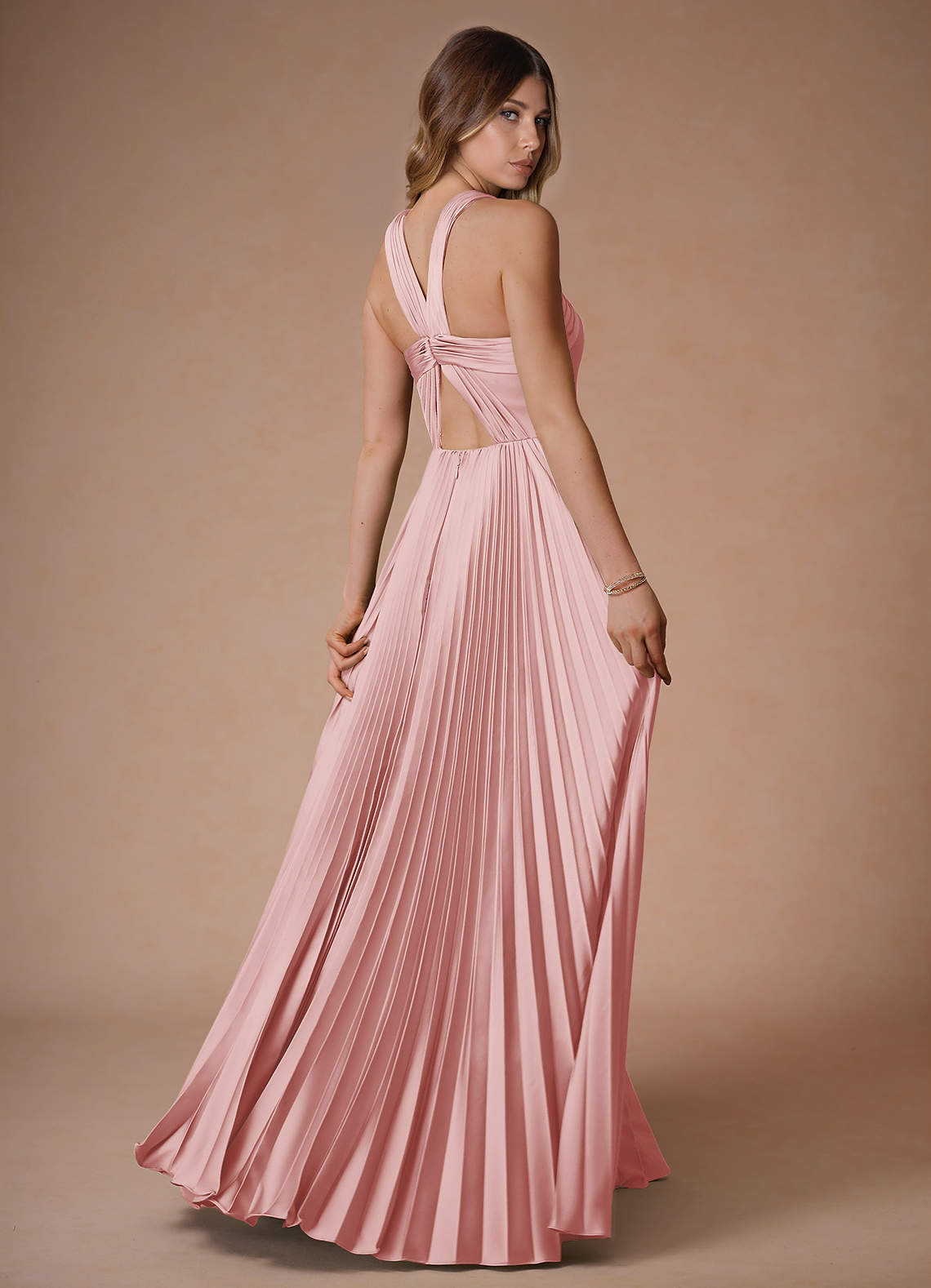 Afra A-Line Pleated Stretch Satin Wedding Guest Dress in Haze Pink