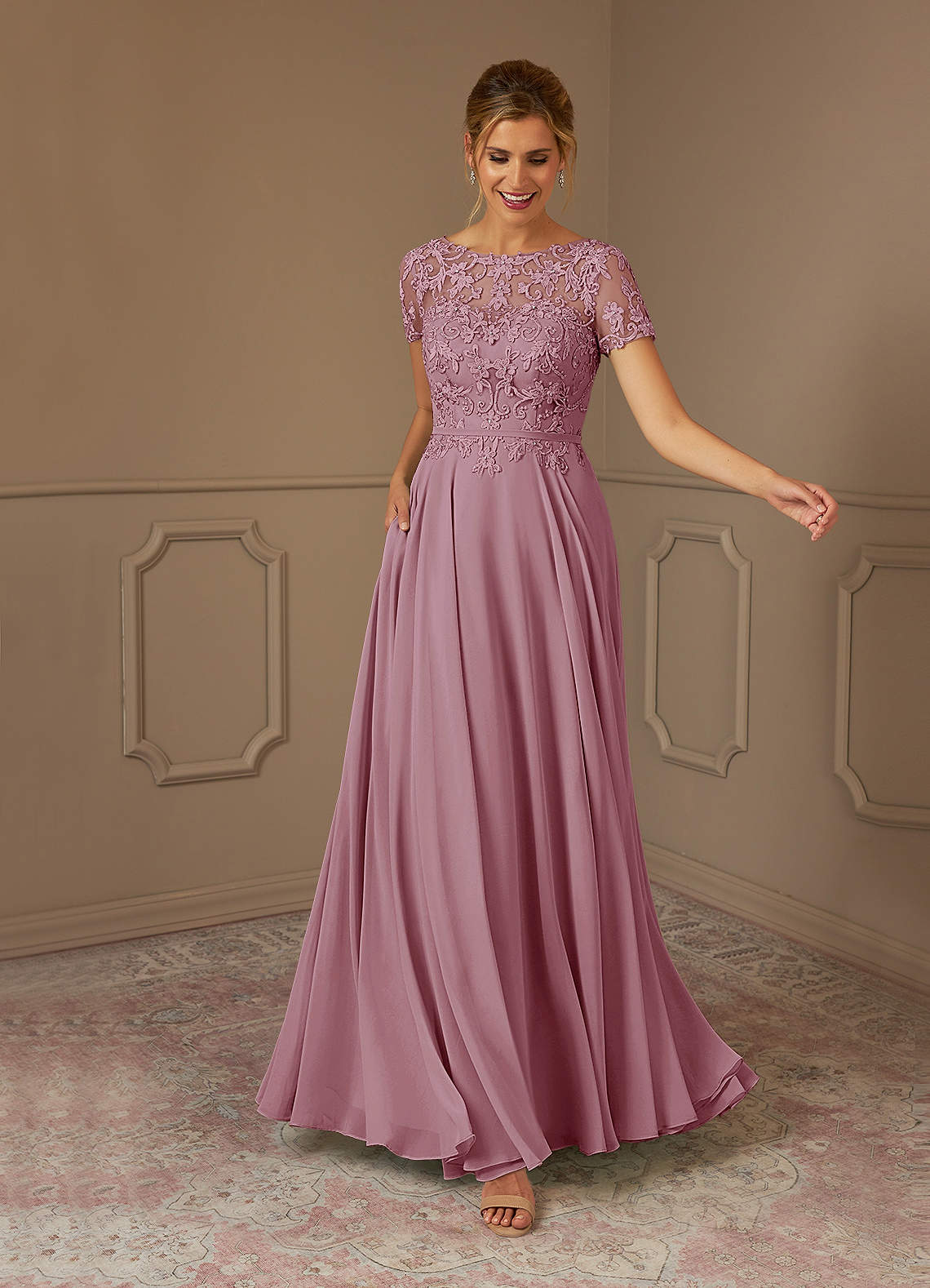 Adina A-Line Boat-Neck Chiffon Mother of the Bride Dress in Vintage Mauve