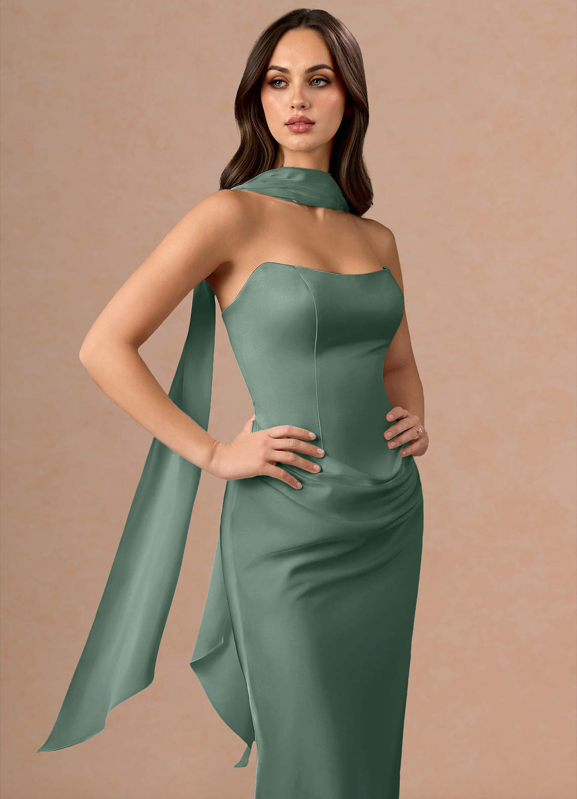 Valencia Scarf Lace-Up Stretch Satin Evening Dress in eucalyptus