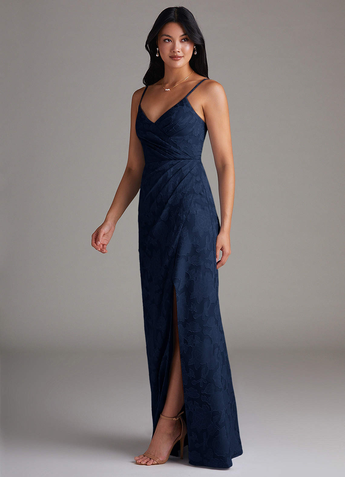 Maci Sheath V-Neck Floral Burnout Bridesmaid Dress in Dark Navy