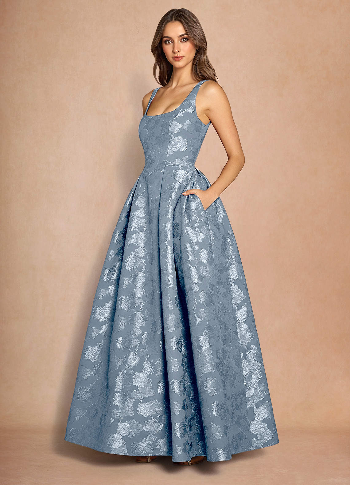 Briac A-Line Scoop-Neck Fil Coupé Evening Dress in Dusty Blue