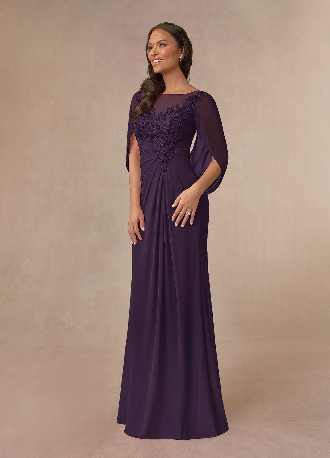Hera A-Line Boat-Neck Stretch Satin and Lace Mother of the Bride Dress in Plum