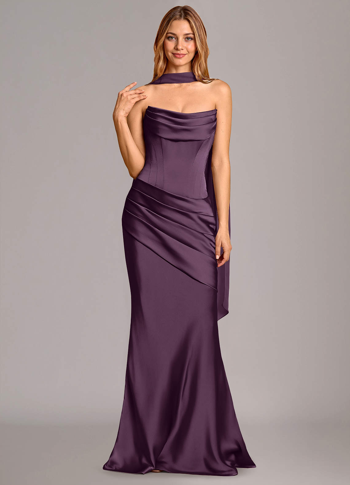 Pelagia Mermaid Cowl-Neck Stretch Satin Bridesmaid Dress in Plum
