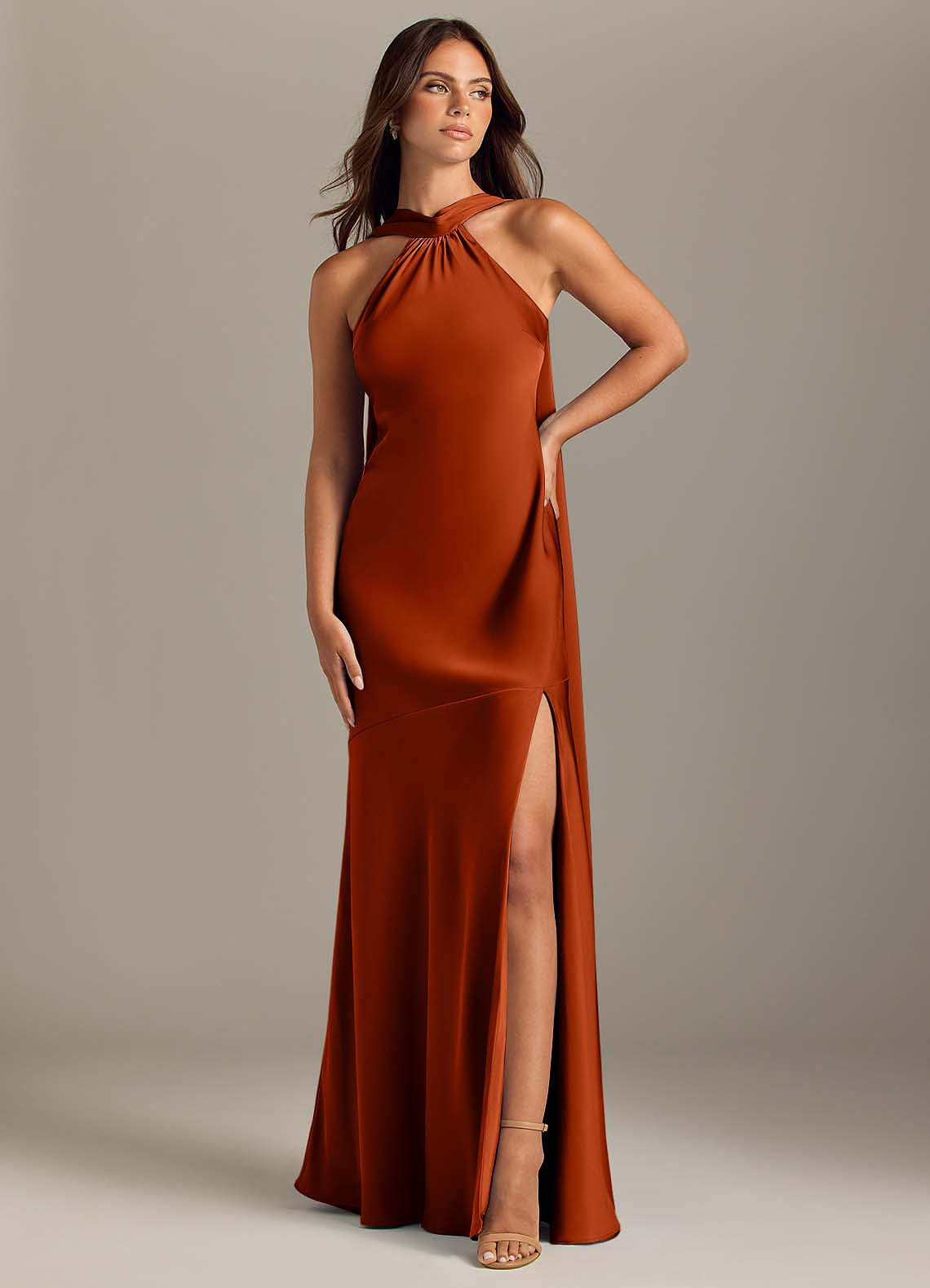 Kinsley Mermaid Halter Stretch Satin Bridesmaid Dress in Paprika